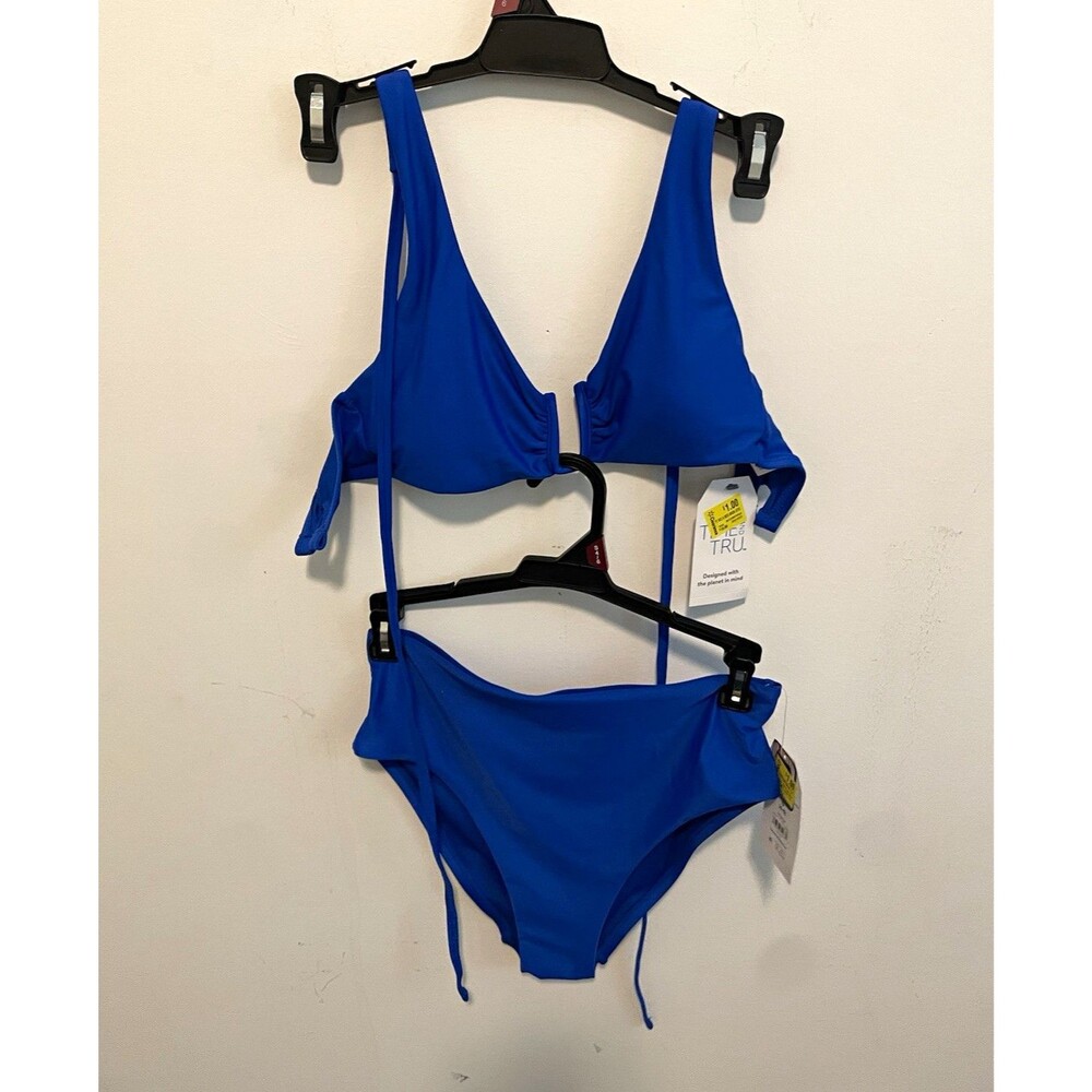 Time and Tru Women’s Blue Solid 2-Piece Bikini Set S Adjustable Strap